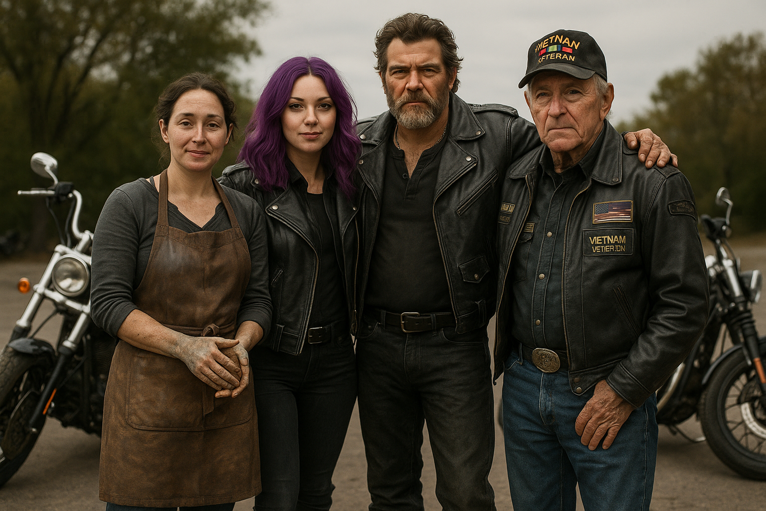 Four person biker family, one pottery woman, one purple hair woman, a tough guy, and a vetnam veterian