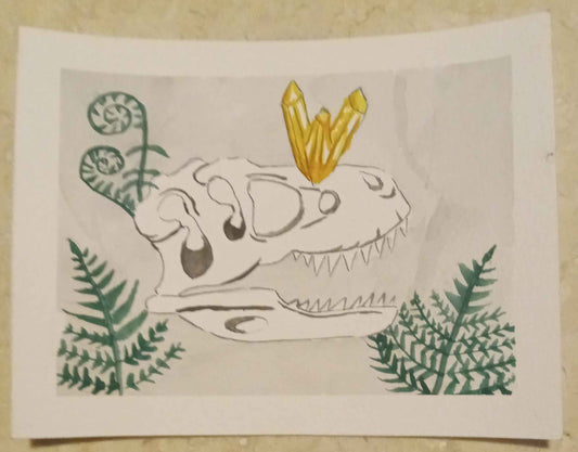 Cartoon Dinosuar with a yellow on a piece of paper against a textured surface