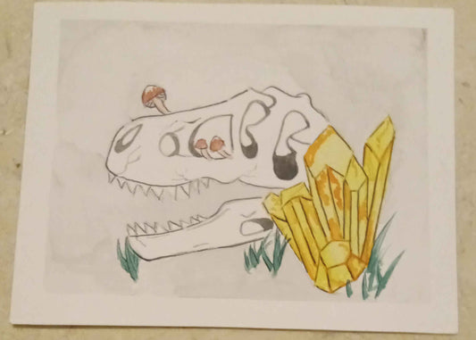 Cartoon dinosaur skull with yellow crystals on a beige background