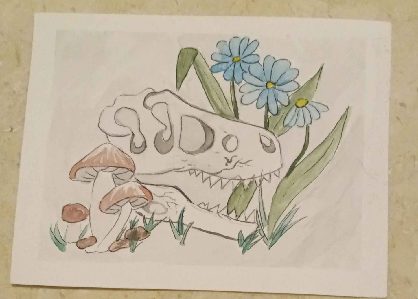 Cartoon-style skull with mushrooms and flowers on a plain background