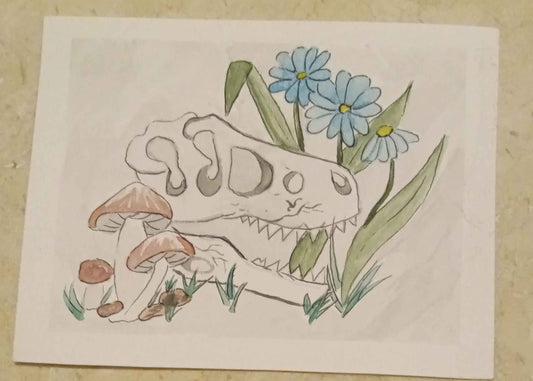 Cartoon-style skull with mushrooms and flowers on a plain background