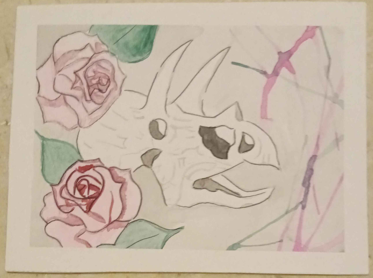 Hand-drawn illustration of a dinosaur with flowers on a textured surface