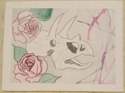 Hand-drawn illustration of a dinosaur with flowers on a textured surface