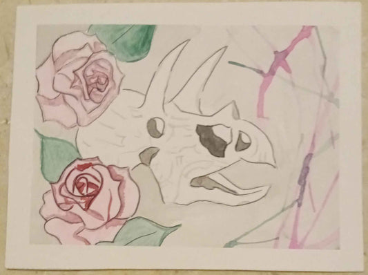 Hand-drawn illustration of a dinosaur with flowers on a textured surface