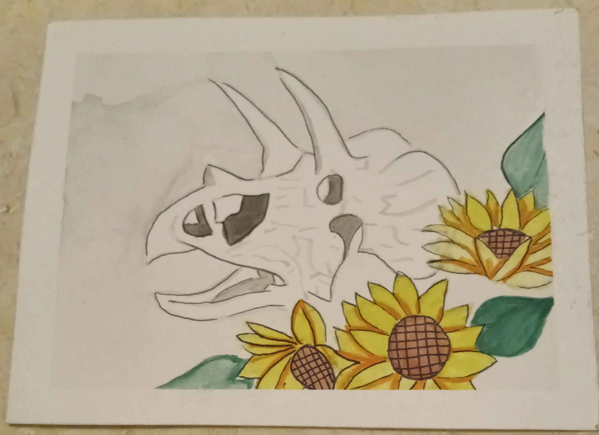 Cartoon dinosaur with sunflowers on a beige surface