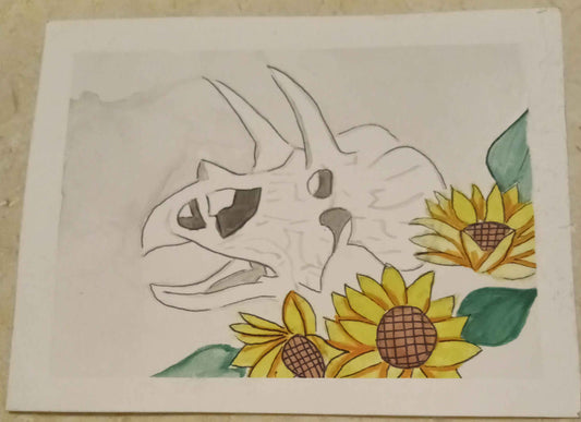 Cartoon dinosaur with sunflowers on a beige surface