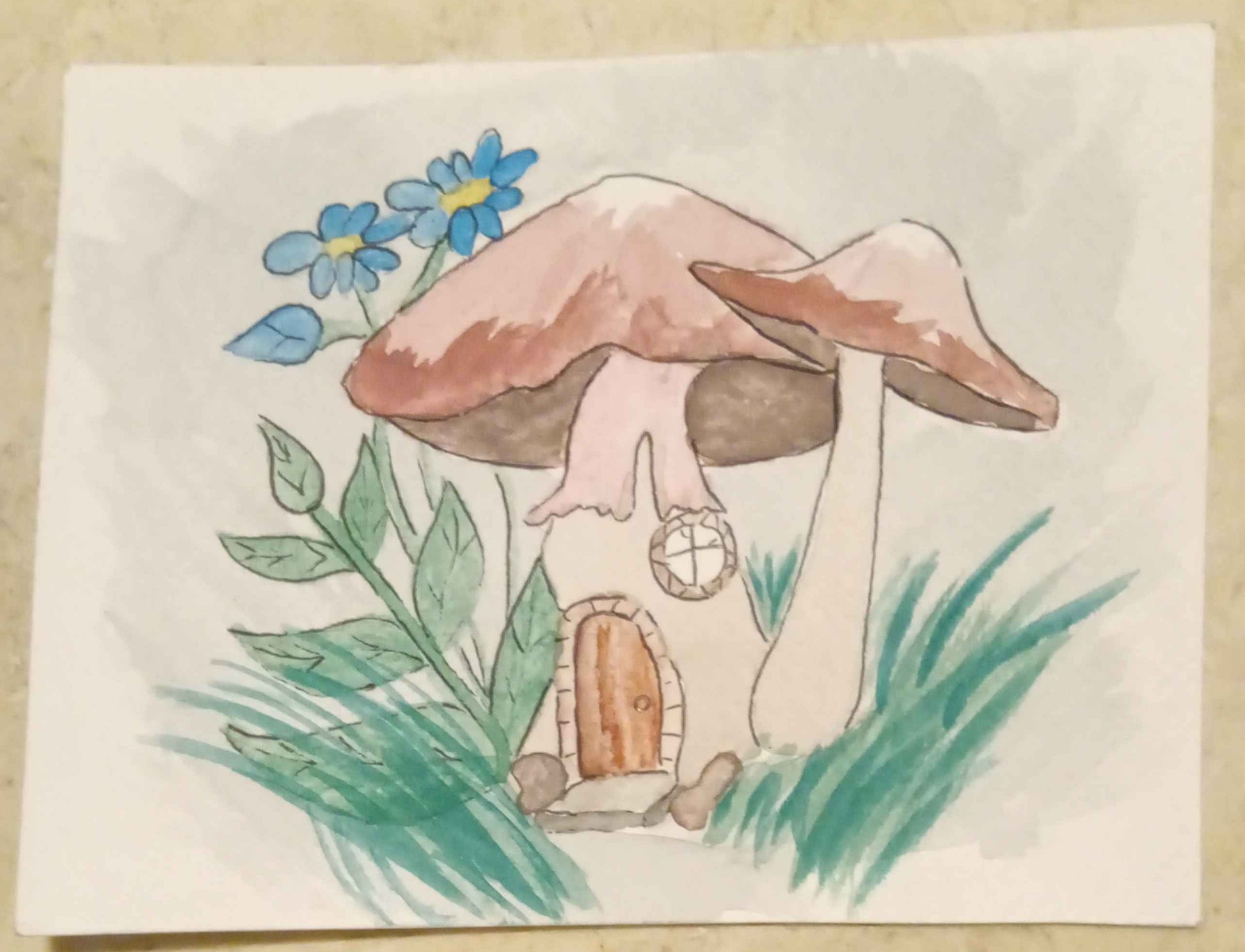 Hand-drawn illustration of a mushroom with a door, flowers, and grass on a beige background.