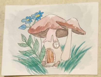 Hand-drawn illustration of a mushroom with a door, flowers, and grass on a beige background.