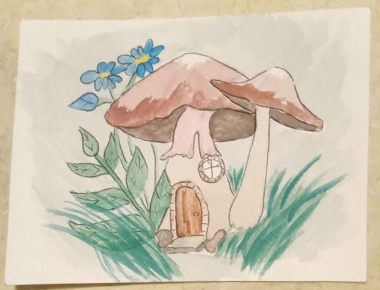 Hand-drawn illustration of a mushroom with a door, flowers, and grass on a beige background.