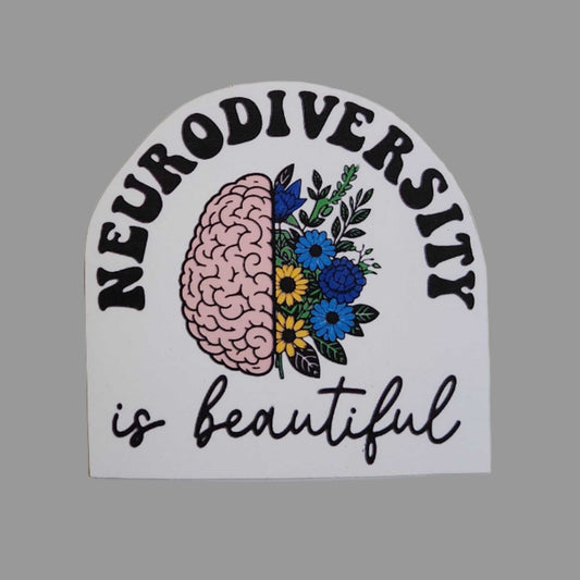 Sticker with 'Neurodiversity is beautiful' text and brain and flower design on a gray background