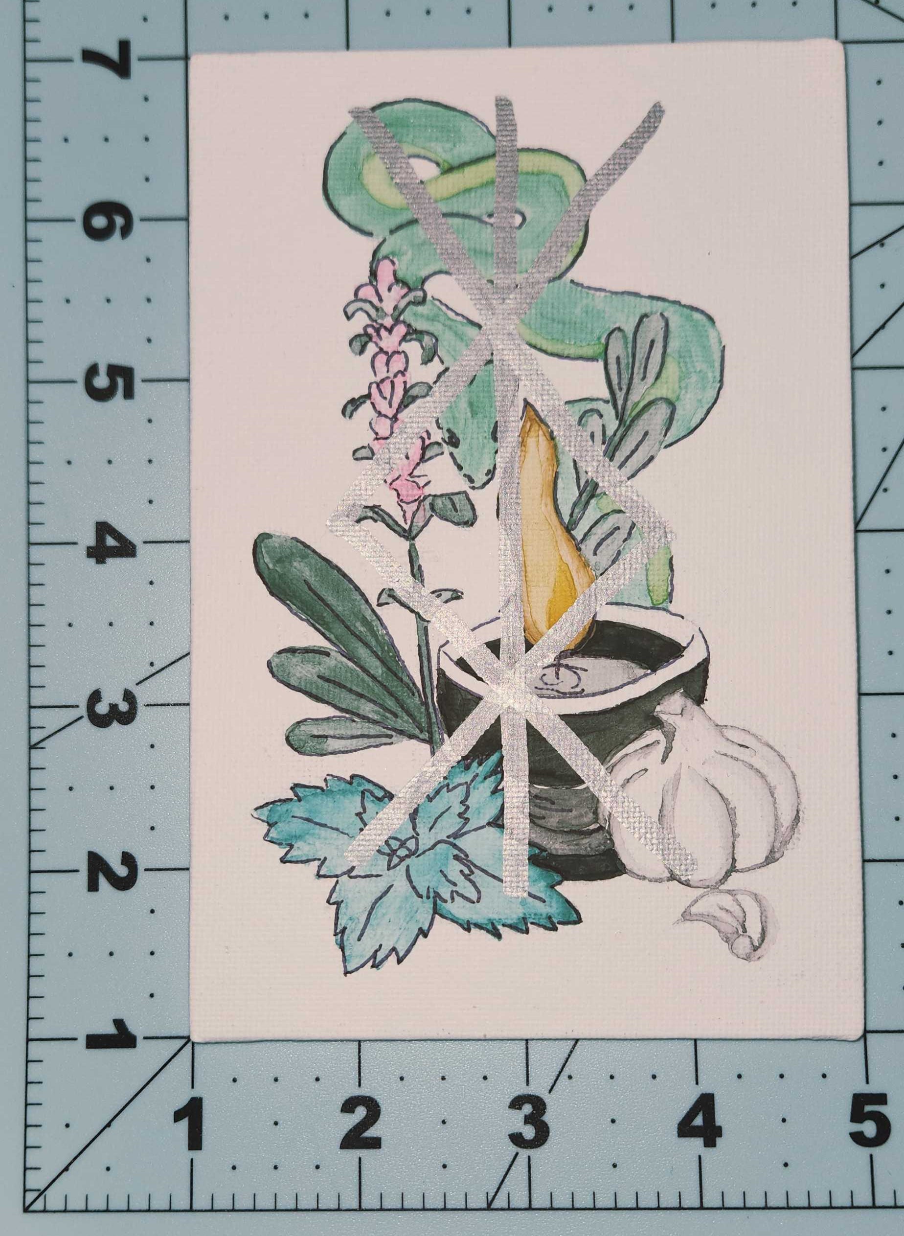 Illustration of a ruin with plants on a canvas, placed on a cutting mat.