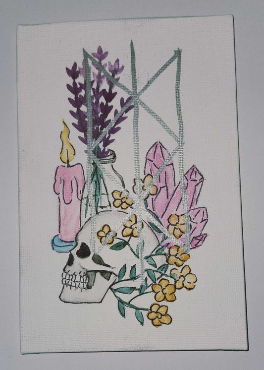 Illustration of a skull with flowers and candles on a white background