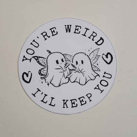Circular sticker with text and graphics on a white background